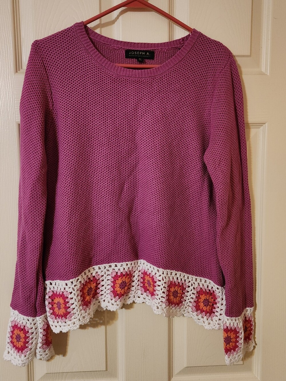 Joseph A. Womens M Magenta Loose Knit Pullover Sweater Crochet Trim 100% Cotton